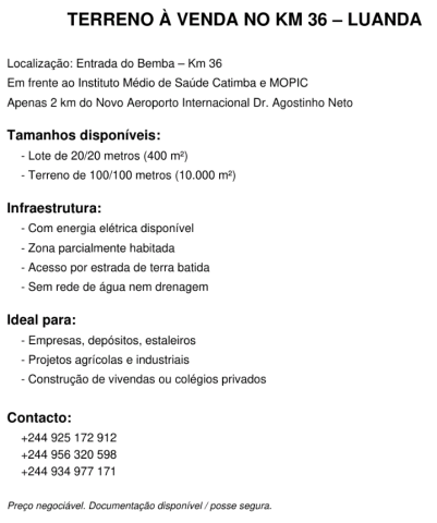 A Venda Terreno a venda nos arredores do Novo Aeroporto Internacional De Angola